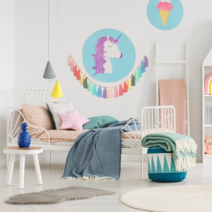 Rainbow Pastel Yarn Wood Bead Tassel Garland Wall Hanging Decor Boho Preppy - Image 4