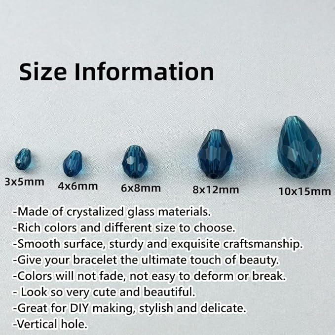 200pcs 3x5mm Teardrop Crystal Glass Beads for Jewelry Making, Faceted Vertical Hole Teardrop Glass Spacer Beads for Wind Chimes Bracelet Earring Necklace DIY Craft(Peacock Blue)
