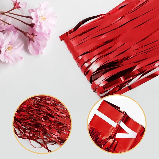 10 Pack Red Foil Curtain Backdrop 3.2ft x 9.8ft Metallic Tinsel Foil Fringe - Image 4