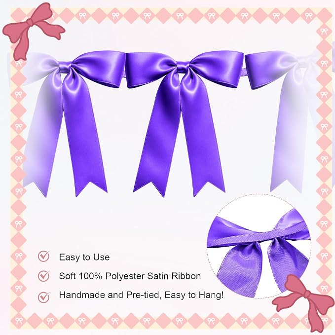 1 String of 8PCS Purple Bow Garland Banner Decoration, Pre-Strung Satin Ribbon - Image 3