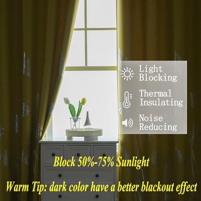 Yellow Blackout Curtains for Living Room, Room Darkening Silver Palm Tree - Image 6