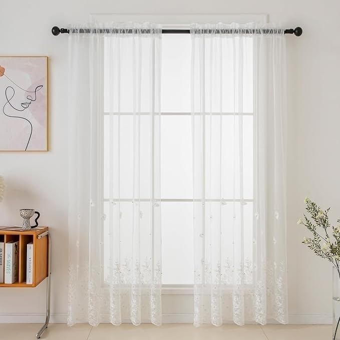 White Sheer Voile Curtains White Embossed Butterflies 63 Inches | Light - Image 7