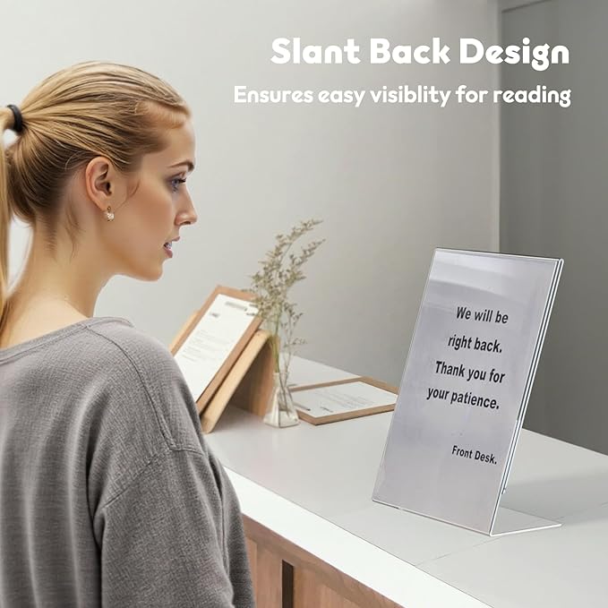 NIUBEE 24 Pack Acrylic Sign Holder 8.5 x 11 Inches Slanted Back, Clear Plastic Sign Holder Paper Display Table Stand for Office, Store, Restaurant