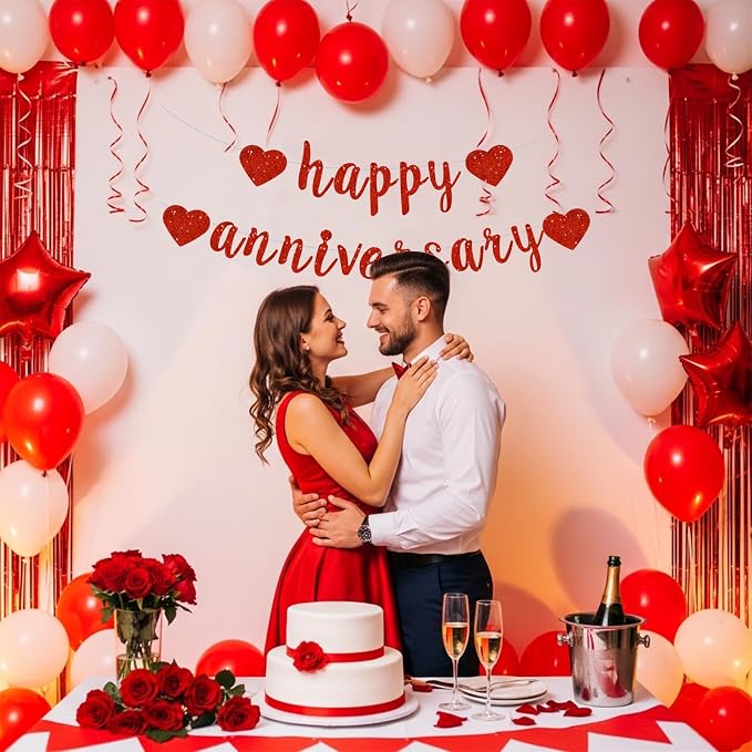 BEISHIDA Glitter Pre-Strung Red Happy Anniversary Banner Decoration | NO DIY - Image 4