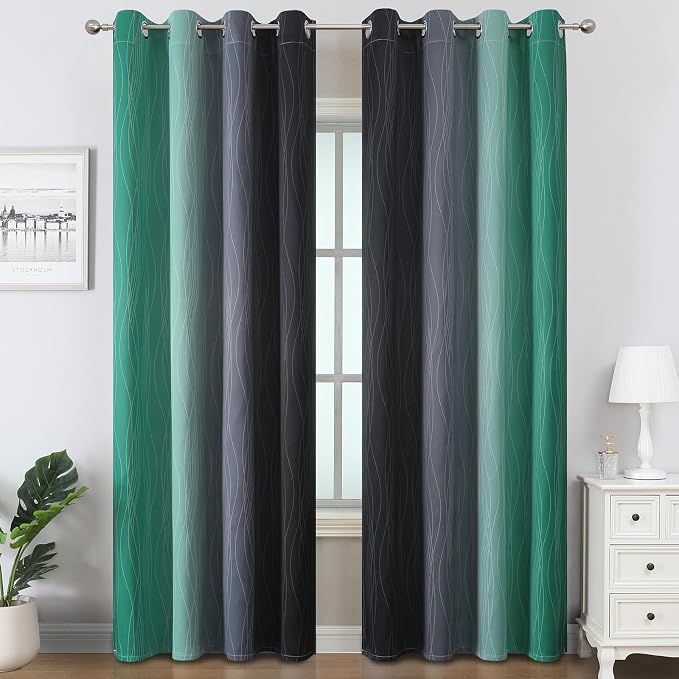 Green & Black Ombre Blackout Curtains 96 Inch Length 2 Panels, Light Blocking - Image 2