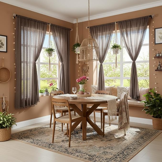 WAZZIO Boho Lace Curtains 63 Inches 2 Panel, Light Filtering Privacy Tassel & - Image 5