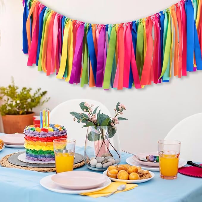 2 Packs Rainbow Ribbon Tassel Garland, Pre Assembled Colorful Garland Banner - Image 6