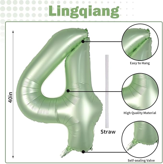 40 Inch Sage Green Foil Balloon Number 4, Large Self Inflating Olive Green - Image 2