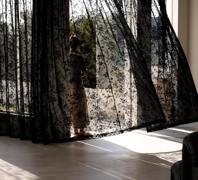 Black Lace Curtains for Living-Room 84 inch Length, Fine Rose and Leaf - Image 5