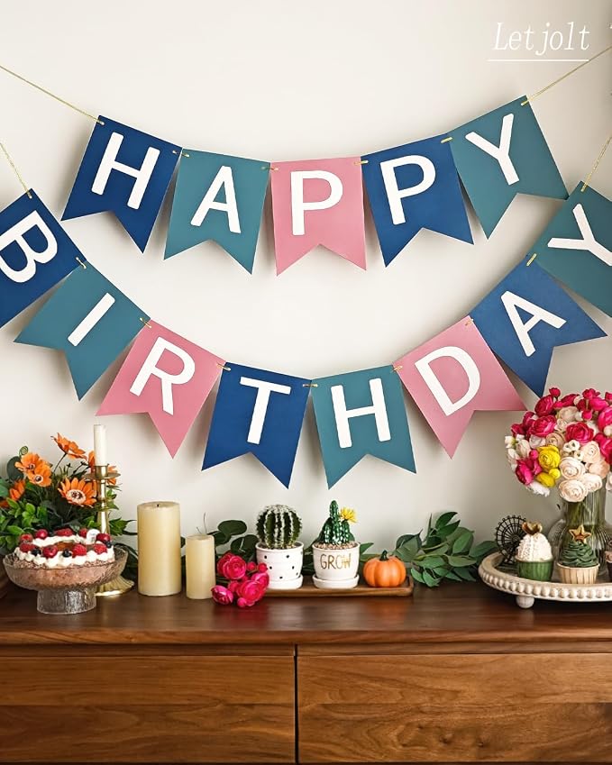 Letjolt Pink Blue Happy Birthday Banner Handmade Theme Party 13pcs | Pre-Strung - Image 6