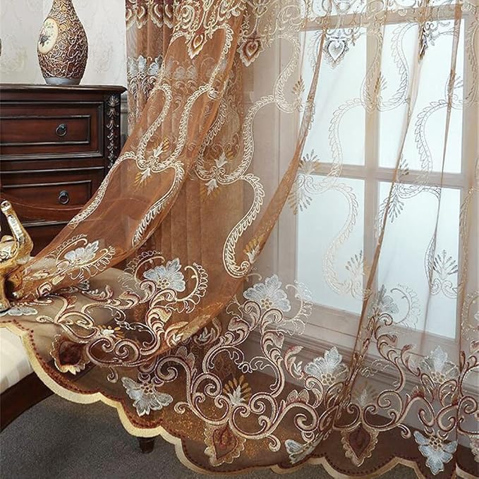 1pc Luxury Brown Embroidered Floral Sheer Tulle Curtain by NewWPKIRA