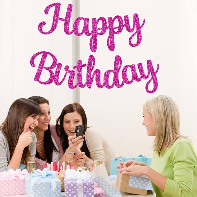 BEISHIDA Glitter Hot Pink Happy Birthday Banner Party Decoration NO DIY | - Image 4