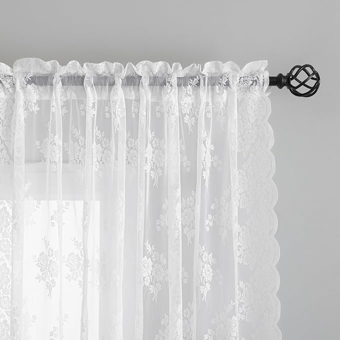 Kotile White Lace Curtains for Living Room Rustic Floral 52x92 in, 2 Panels | - Image 2