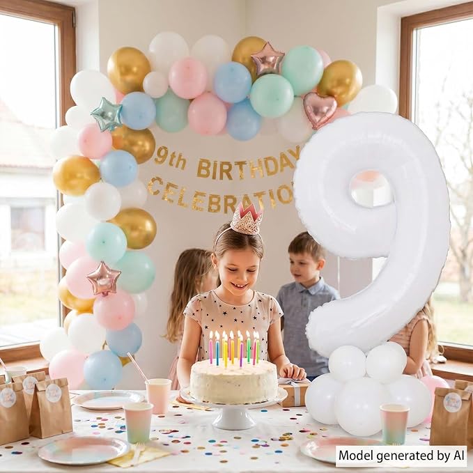 White Number 9 Balloon 40 Inch, Large Matte White Mylar Foil Number 9 Balloon - Image 6