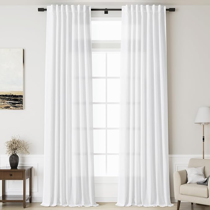 White Linen Curtains for Living Room 123 Inches Long Extra Long Back Tab by Nanspring