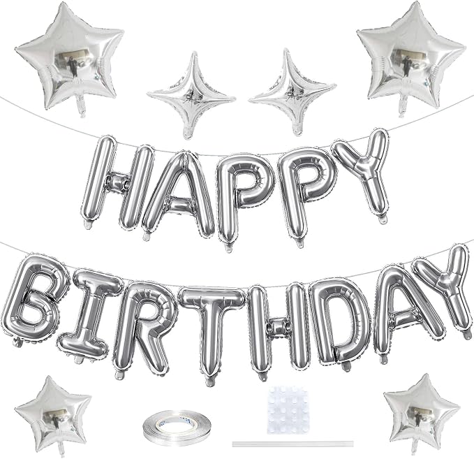 Silver Happy Birthday Balloon Banner, 16 Inch Mylar Foil Letter Balloons - Image 9