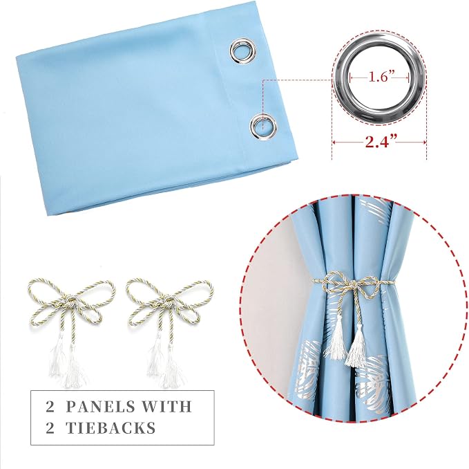 Sky Blue Blackout Curtains for Living Room, Room Darkening Silver Palm Tree - Image 3