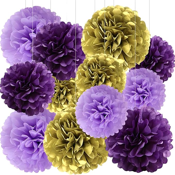 BRZIKWT 12 Pcs Purple Gold Tissue Paper Pom Poms by Unknown