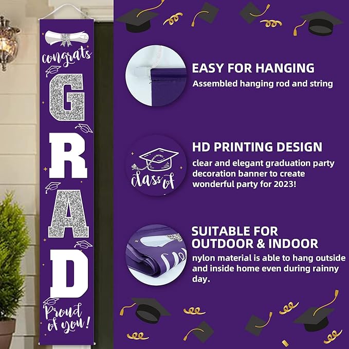 Graduation Decorations 2026 Banner Porch Sign Purple Silver - Image 3