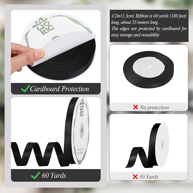 woric Double Faced Black Satin Ribbon 60 Yards 1/2 Inch Black Bows | Smooth - Image 3
