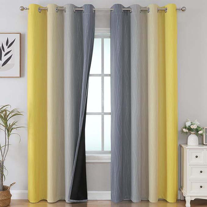 Yellow and Gray Blackout Curtains 96 Inches Long, Ombre Thermal Insulated by ESTELARTEXTILER