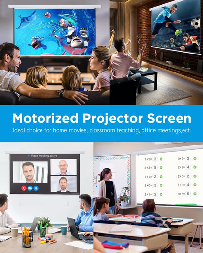 Electric Projector Screen 100 Inch with Remote Control Ceiling Mount Hooks, Pull Down Retractable Projector Screen Motorized Movie Screen White 16:9, Automatic Projector Screen Roll Down Indoor