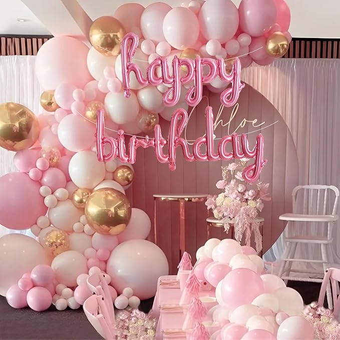 TONIFUL 16 Inch Pink Cursive Happy Birthday Balloons Banner Decorations | - Image 4