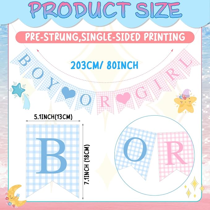 Hahafelt 1 Pcs Blue Pink Gingham Boy or Girl Banner - Image 2