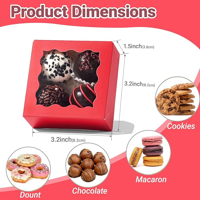 RomanticBaking 3 ¼" x 3 ¼" x 1 ½" 100PCS Chocolate Truffle Boxes for 4，Cookies Boxes Soap Boxes Donut Boxes Macaron Boxes Mini Bakery Boxes with Window Brownie Box