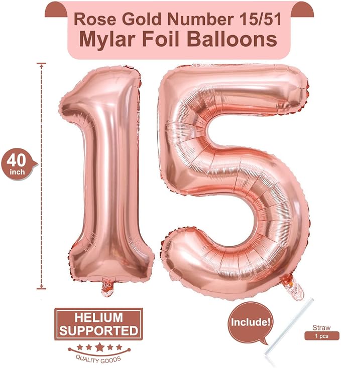 40 Inch Rose Gold 15 Number Balloons Giant 15 or 51 Balloons Rose Gold Birthday - Image 2
