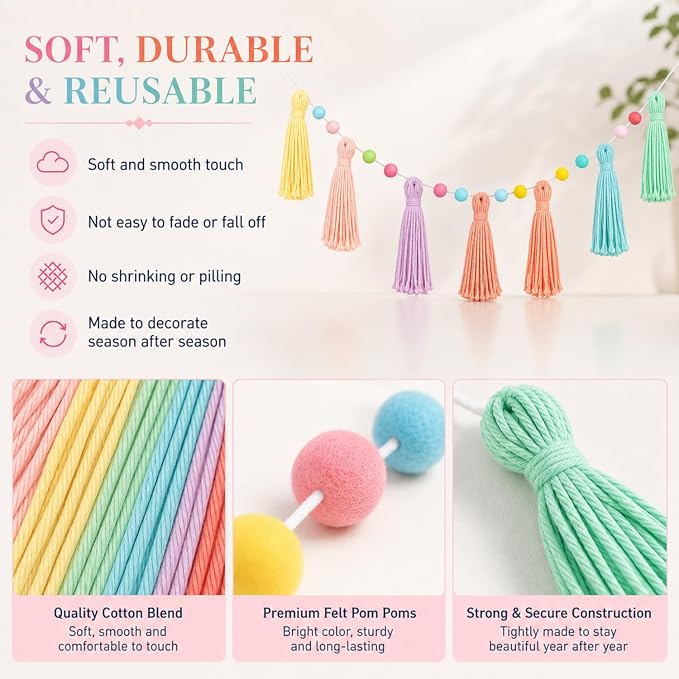 Syhood 3 Pcs Boho Tassel Garland Boho Rainbow Pom Pom Wall Decor Each 50'' - Image 5