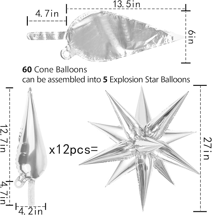 60 Pcs Star Balloons Explosion 12 Point Foil Cone Balloons Magic Balloon Large - Image 5