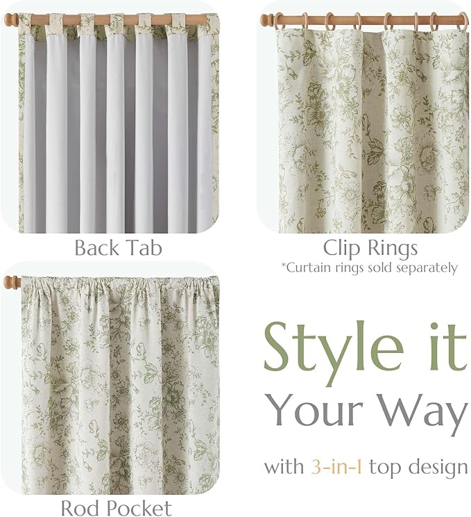jinchan Green Floral Linen Blackout Curtains 96 Inch Back Tab 2 Panels | - Image 5