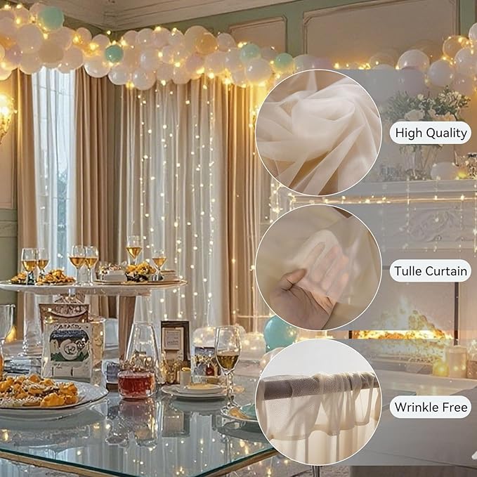 10×10ft Tulle Backdrop Curtains with Lights String - 300LED Fairy Lights Sheer Curtain Backdrop for Weddings Baby Shower and Birthday Party Decorations(2 Panels 5×10ft)