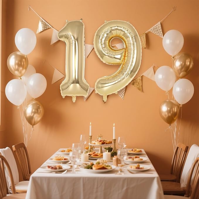 Champagne Gold Large Number 19 Balloon, 40 Inch Light Gold Foil Helium Number - Image 3