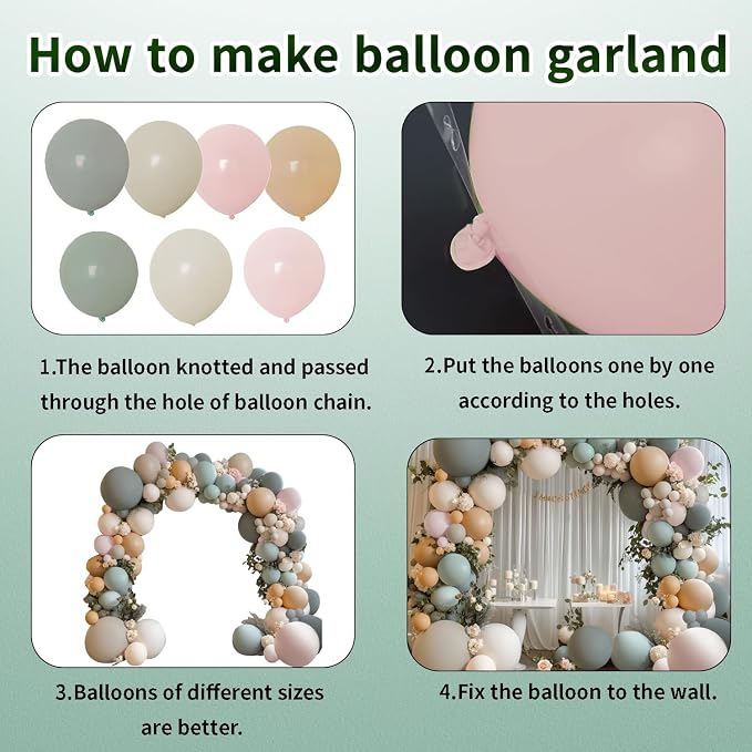 Dusty Green Pink White Balloons Arch Kit, Double Stuffed, Party. | Pastel - Image 3