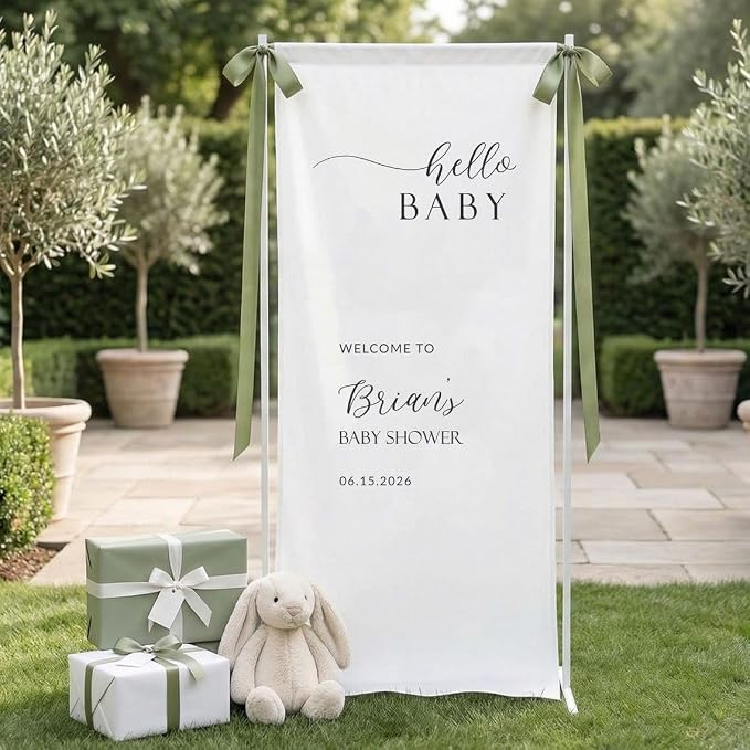 Custom Hello Baby Shower Welcome Banner, Linen Fabric Party Décor by Custom
