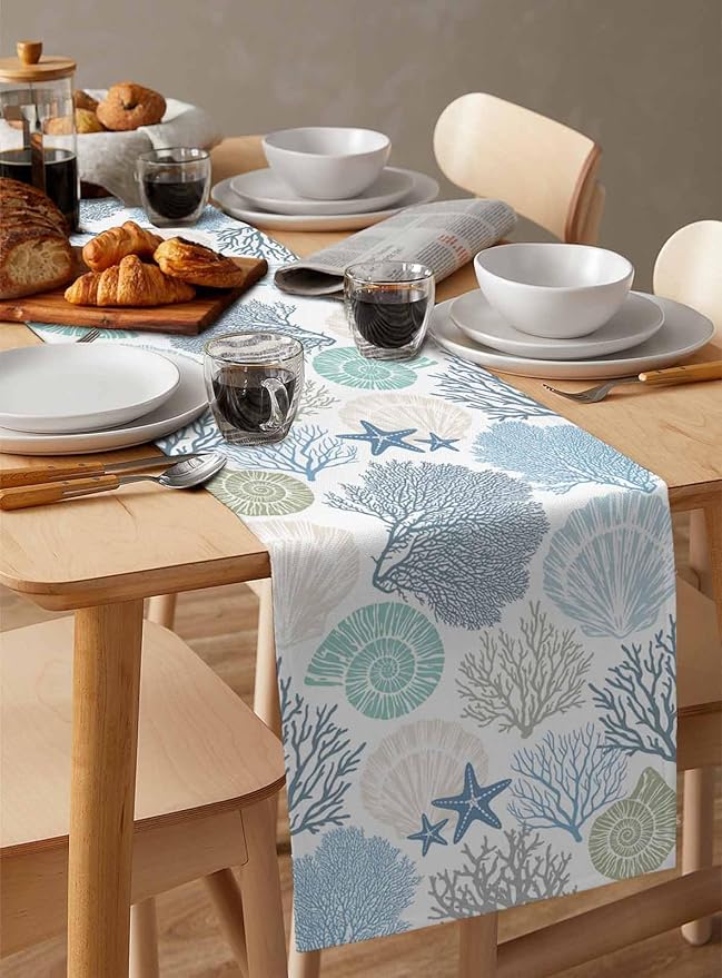 Coastal Coral Cotton Linen Table Runner for Dining Kitchen, Wedding Outdoor Party Tablerunners Decoration, Blue Nautical Starfish Ocean Shell Beach Dresser Scarf Coffee Tablecloth Runners 13''x120''