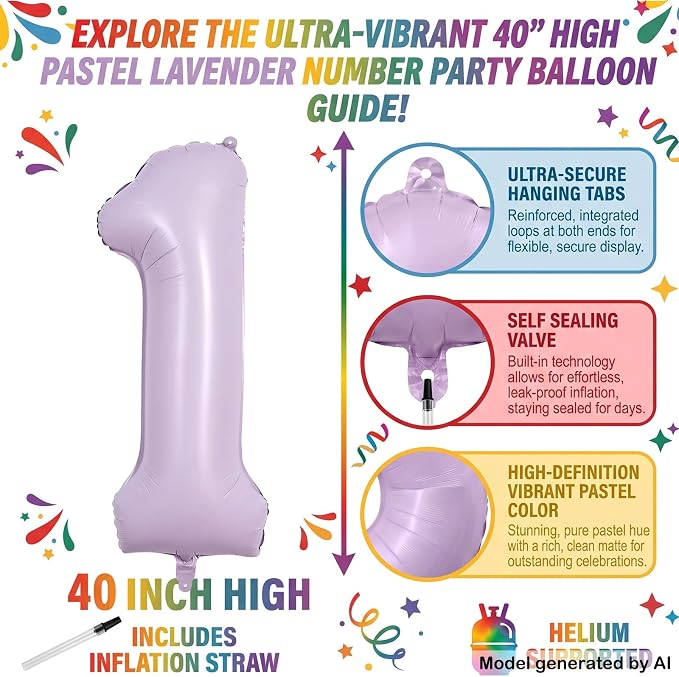 40" Pastel Purple Foil Number 1 Balloon - Image 2
