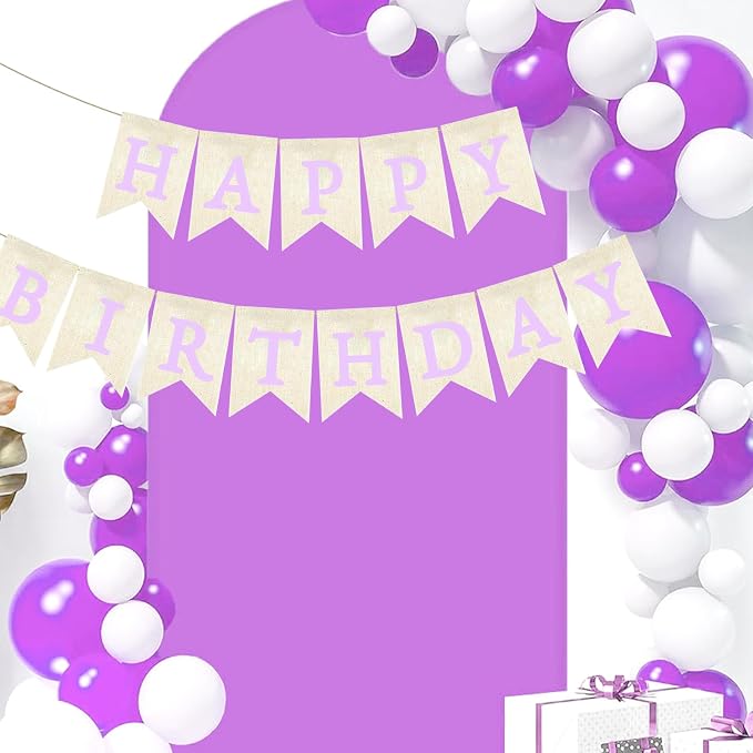Purple Happy Birthday Banner Pre-strung Burlap Bunting Party Backdrop Sign - Image 3