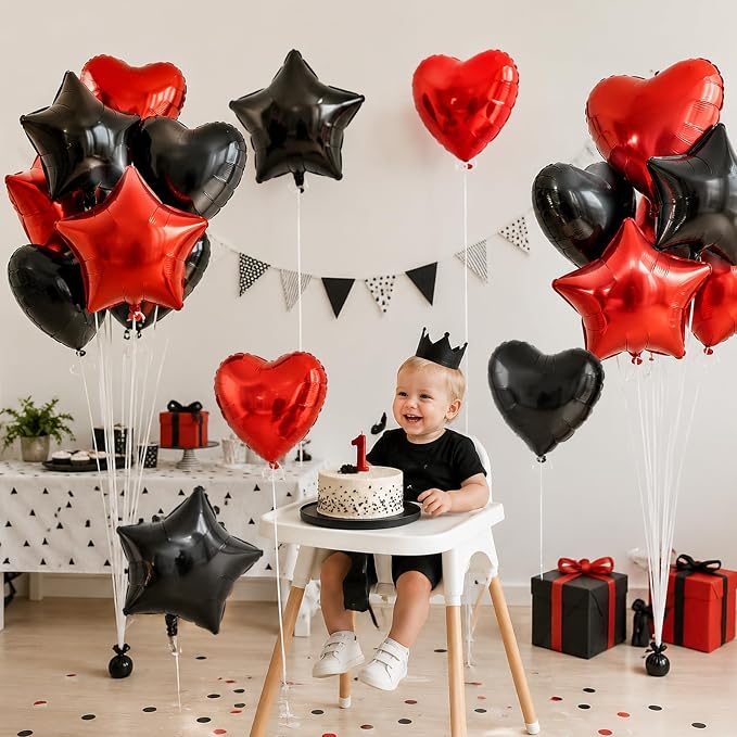 TONIFUL 18 Inch Black Red Star and Heart Foil Balloons - Image 3
