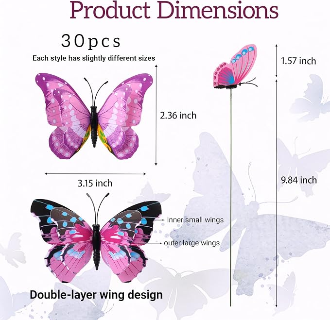30PCS Pink Butterfly Decor Fake Butterfly Garden Picks - Image 2