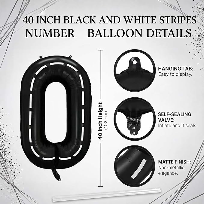 Black and White Stripes Number 10 Balloon 40 Inch, Track Digit Decor | - Image 4