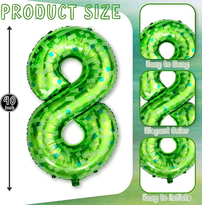 40 Inch Green Pixel Number 8 Balloon, Lime Green Large Foil Number Balloon 8th - Image 3