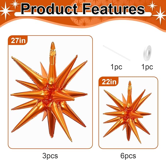9Pcs Orange Star Balloons, Large Explosion Star Foil Balloons, Metallic Orange - Image 2
