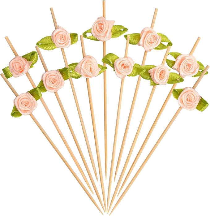 Minisland Pink Rose Flower Cocktail Picks, 4.7 Inch Long Bamboo Fancy Toothpicks by Minisland