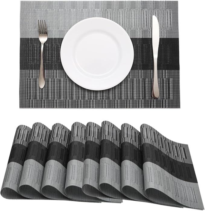 HeloHo Black Grey Stripe Placemats Set of 8, Heat-Resistant Washable Placemats by HeloHo