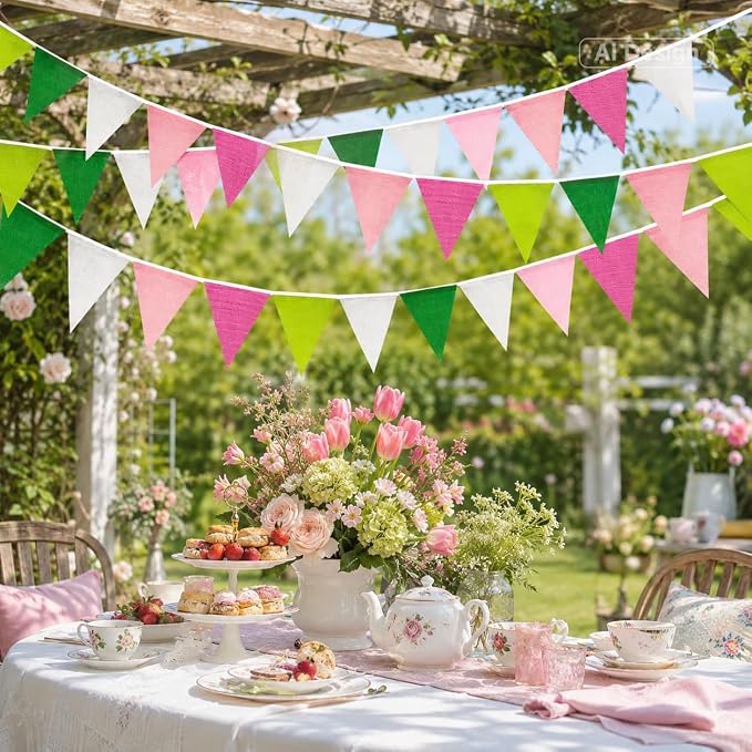 G2PLUS Pre-Strung Burlap Pennant Banners, 39Ft Pink and Green Fabric Triangle - Image 6