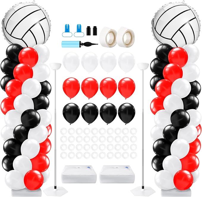 Kasyat 2 Sets Volleyball Balloon Column Stand Kit Red Black White Volleyball by Kasyat
