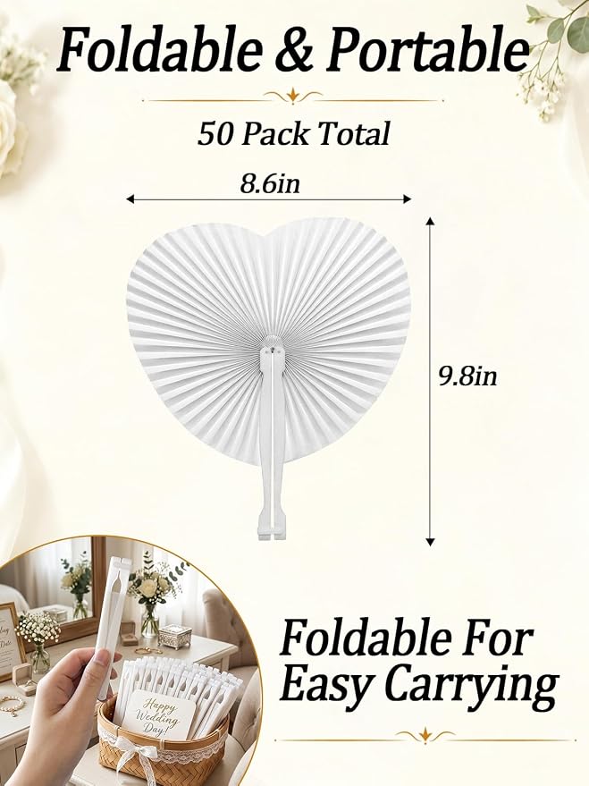 Cosweet 50 Pack White Folding Fans- Heart Shaped Handheld Folding Accordion - Image 2